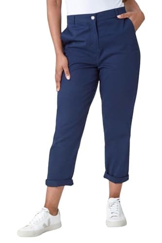 Image of Roman Chino Trousers for Women UK Ladies Cotton Blend Washed Stretchy Smart Casual Office Work Fitted Tailored Summer Autumn Evening Party Slimming Spring Soft - Petite Navy - Size 18