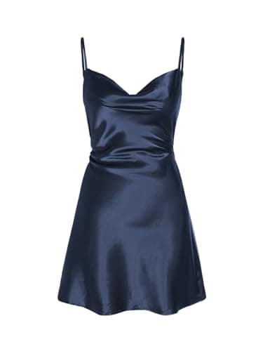 Image of CIDER Women Summer 2025 Wedding Guest Cocktail Dresses Solid Satin Cowl Neck Cami Mini Dress, Navy Blue, M