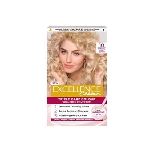 Image of L'Oréal Paris Excellence Crème Permanent Hair Dye, Radiant At-Home Hair Colour with up to 100% Grey Coverage, Pro-Keratin, Up to 8 Weeks of Colour, Colour: 10 Natural Baby Blonde
