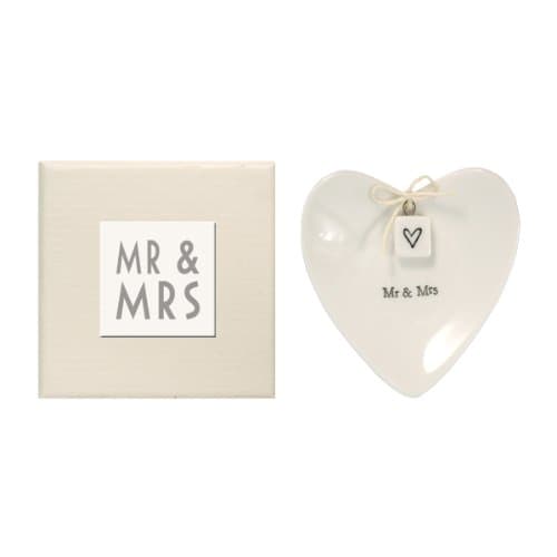 Image of East of India Mr & Mrs Heart-Shaped Ring Dish in Gift Box, Porcelain