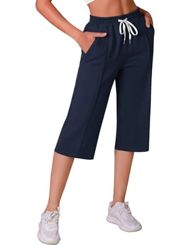 Image of Crewhpo Womens Joggers 3/4 Length Capri Sweatpants Summer Lounge Cropped Trousers Elastic Tracksuit Bottoms with Pockets