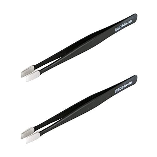 Image of Aoje-Link ESD-34a Professional Anti-Static Precision Technology Tweezers, Non-Magnetic Flat Straight, Stainless Steel Plastic Coated, Full Length 120mm, Black, 2pcs