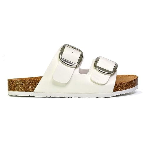 Image of ESSEX GLAM Womens Flat Sandals Large Double Strap Buckle Ladies Open Toe Slip On Casual Holiday White Slider Mule Size 8