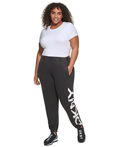 Image of DKNY Women's Plus Distressed Crackle Logo Pigment Dyed Jogger, Black, 1X