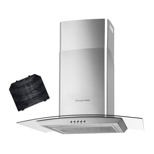 Image of Russell Hobbs 60cm Curved Glass Cooker Hood in Stainless Steel with 3 Speed Settings, 1 x Carbon Filter, Extraction or Recirculation, 540m³/h Extraction Rate, A+ Energy Rating, RH60GCH92A1SS