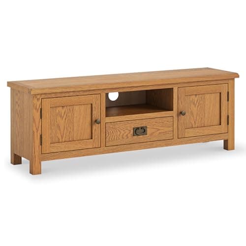 Image of Surrey Oak 140cm Wide TV Unit for Living Room | Roseland Furniture Large Lacquered Television Stand Cabinet Solid Wooden with 2 door and Drawer Storage for TVs up to 63 inches, Fully Assembled