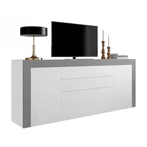 Image of Panana Living Room Large Sideboard Cabinet High Gloss Front and Top Chest of Drawers 2 Door 2 Drawer 2 Flap Storage Cupboard W200xD35xH72cm (Grey)