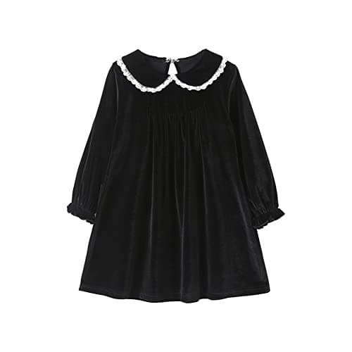 Image of Mud Kingdom Girls Velvet Dresses Peter Pan Collar Lace Trim Dress for Little Girl Long Sleeve Elastic Cuffs Dress Black 5 Years
