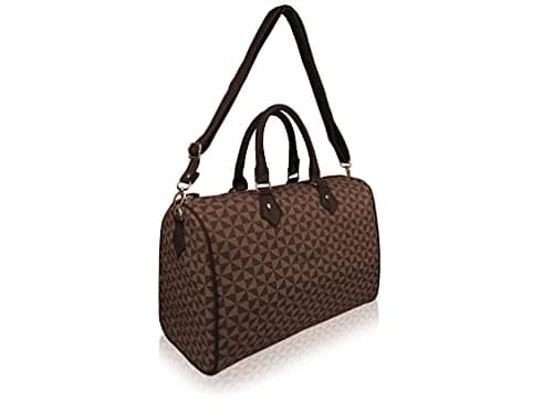 Image of Quenchy London Ladies Travel Holdall Handbag – Pu Leather Women’s Duffle Bag, Gym Weekend Overnight 40cm x27 x19-20 Litre QL317B (Brown Geo)