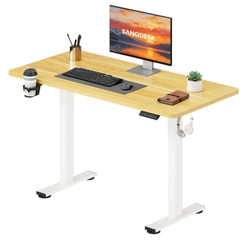 Image of SANODESK 110 * 54 Electric Standing Desk ONE PIECE Height Adjustable Standing Desk With Memory Smart Panel Sit Stand Table With Hooks and Cupholder for Home Office (White Frame+ Maple Desktop)