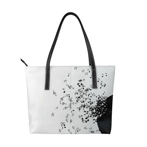 Image of Hnnkloy Torn Vinyl Record And Musical Notes Flying In The Air,PU Leather Handbag Large Capacity Tote Bag Women's Shoulder Bag for Work Travel