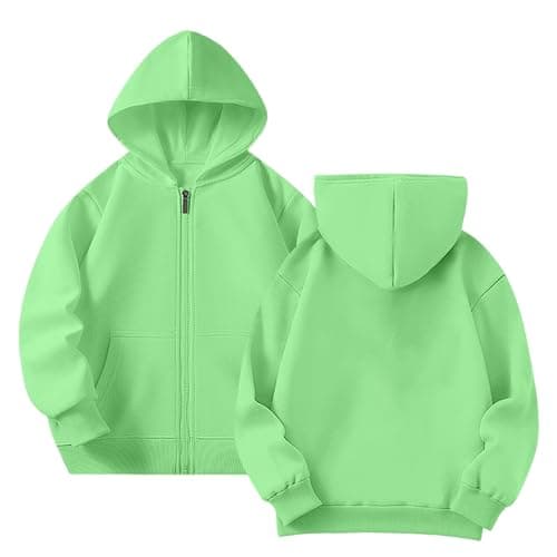 Image of Yufennie Kids Fleece Classic Full Zip Up Hooded Zipper Top for Boys & Girls 5-6 Years Neon Green