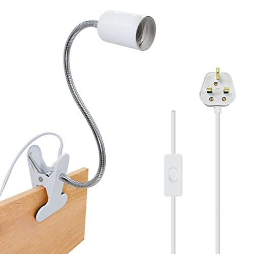 Image of Clip on Bulb Holder Flexible E27 Lamp Holder Metal Clip on Light, White Clamp Light with 360° Rotatable Gooseneck and 220 cm Plug in Cord, Clip Desk Lamp for Bedroom Office, 60 W(Bulb not Included)