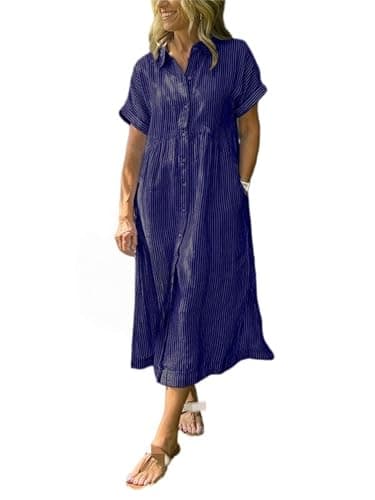 Image of Striped Lapel Button Down Shirt Dress with Functional Pockets, A-Line Boho Dress for Women, Classic Striped Dresses (Navy Blue,L)