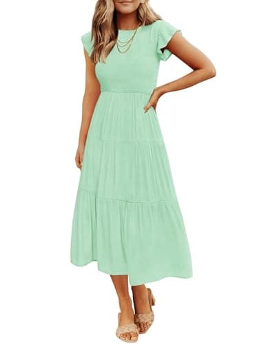 Image of ZESICA Women's 2025 Summer Casual Flutter Short Sleeve Crew Neck Smocked Elastic Waist Tiered Midi Dress, Mint, XS