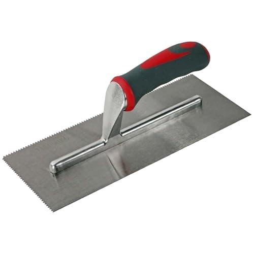 Image of Faithfull Soft-Grip V Notched Mastic Trowel for Applying Adhesive, Carbon Steel Blade 278 x 115mm (11 x 4.5") - 3mm V Notch
