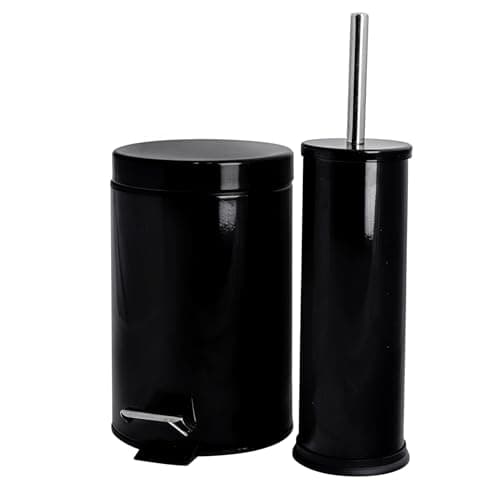 Image of Harbour Housewares 3L Bathroom Bin & Brush Set - Black - 2pc Round Stainless Steel Pedal Bin & Toilet Brush Set Slim Small Trashcan for Kitchen Waste, Bathroom Rubbish
