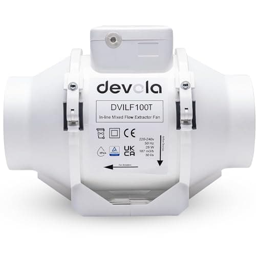 Image of Devola 100mm Inline Mixed Flow Extractor Fan with Timer, 4 Inch Bathroom Fan, For Kitchen, Bathroom and Loft, Made in Britain (Timer Model) - DVILF100T