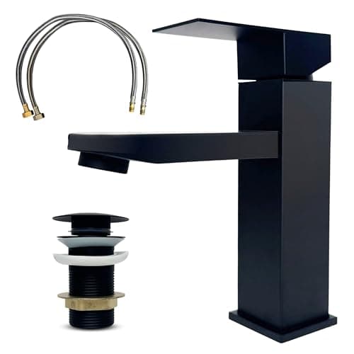 Image of MSC Black Basin Mixer Tap with Pop-Up Waste, Bathroom Sink Tap with Stainless Steel Mounting Feet & Angled Nozzle, Single Lever Hot & Cold Faucet with Ceramic Valve Core, Includes Hoses & Fitting Kit