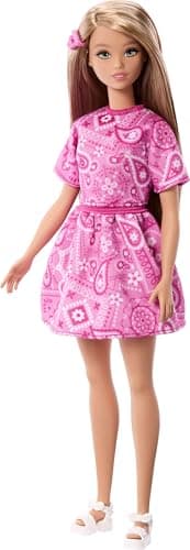 Image of Barbie Fashionistas Style Doll #249 with Blonde Hair, Wearing Pink Paisley Skirt, Pink Paisley Shirt, White Platform Sandals, JJN62