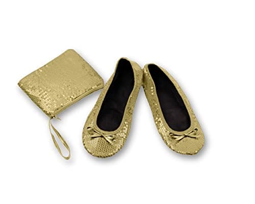 Image of Varsany Roll Up Gold Pumps - Foldable Flats Ballet Dance After Party Shoes with Foldable Bag