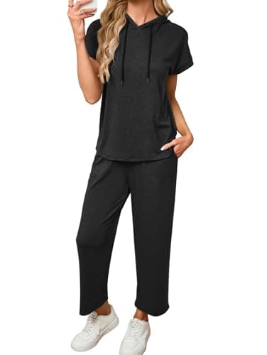 Image of Famulily Solid Color Womens Tracksuit Set Casual Side Split Hoodie & Elastic Waistband Cropped Trousers with Pockets Black L