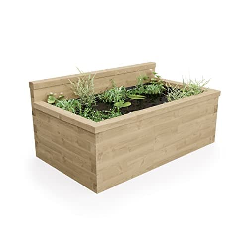 Image of WoodBlocX Raised Pond Kit- Wooden Garden Pond With Low Back Wall For Fish, Plants & Wildlife. Outdoor Water Features For The Garden- No Power Tools Needed, Includes Liner- (1.875 x 1.125 x 0.65m)