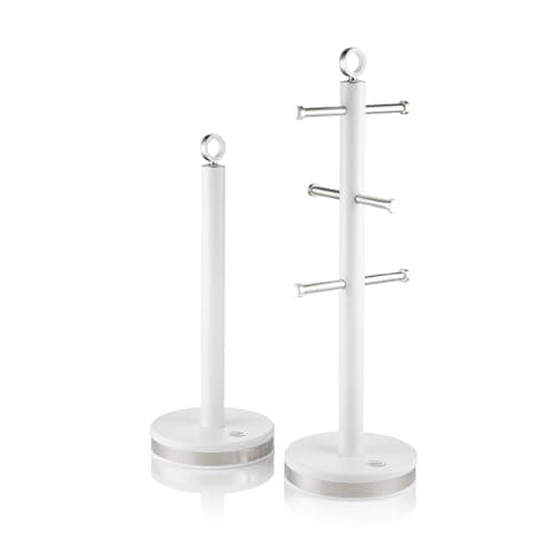 Image of Swan Serenity Kitchen Towel Pole and 6 Cup Mug Tree Set with Smooth Matte Finish, Stainless Steel Accents and Non-Slip Bases, White