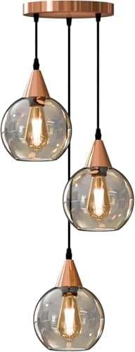Image of LEDSone Vintage 3 Head Pendant Light Glass Height Adjustable E27 Base Retro Industrial Globe Glass Ball Light Shade Ceiling Light Fitting Coffee Shop Bar Kitchen (Rose Gold 2, with Bulb)