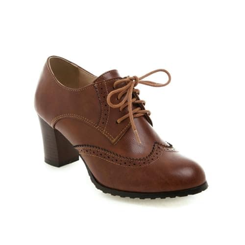 Image of Women Classic Lace Up Mid Block Heels Casual Brogue Shoes Vintage Leather Shoes Brown