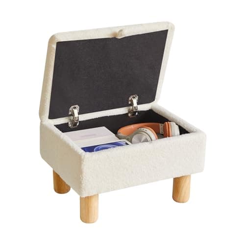 Image of Aibiju Small Footstool with Storage, Faux Teddy Fur Foot Stool Ottoman with Wooden Legs, Change Shoes Stool for Living Room Bedroom Entryway Office,White YD-JD136W