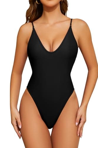 Image of SHEKINI Women's One Piece Swimsuit Plunging Neck High Cut Sexy Open Back Beach Sports Swimwear Slim Monokini Bathing Suit Adjustable Swimming Costume, Black, M