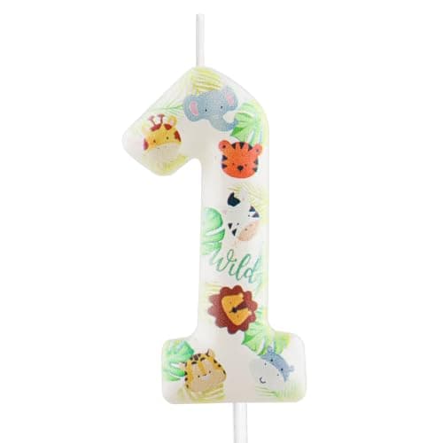 Image of Yiran Safari Animal Number 1 Birthday Candle, Wild One Jungle Themed Cake Topper, Tropical Palm Leaf Party Decorations for 1st Birthday Boys Girls Baby Shower