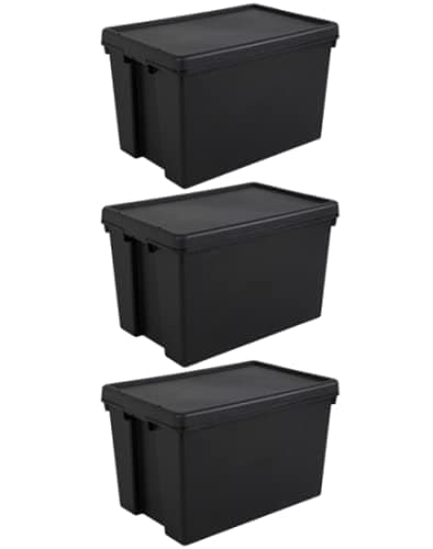 Image of Wham Bam 100% Recycled Super Strong Impact Resistant Black Re-Usable Storage Boxes With Lids 92 Litre 59.5 x 40 x 52cm (3 Boxes)