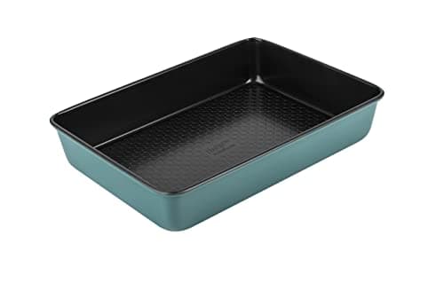 Image of Prestige x Nadiya Roasting Tin Non Stick - Deep Large Baking Tray 33cm x 23cm, Durable Steel, Dishwasher Safe Roasting Tray Bakeware, Blue/Black, 13" x 9", Teal