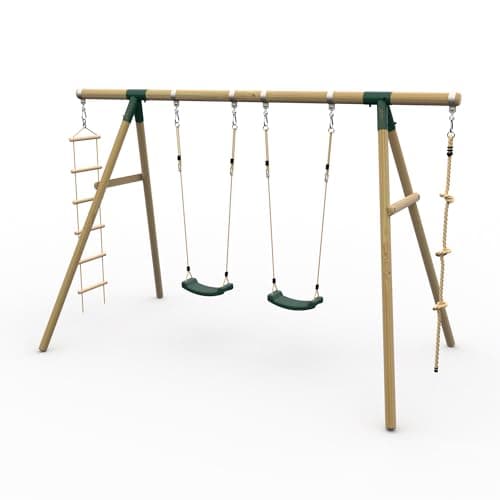 Image of Plum Play Kids Outdoor Wooden Round Pole Swings with Ground Anchors Included - Suitable for up to 50kg per accessory - Up to 5 year Warranty (Quad Green Gibbon)