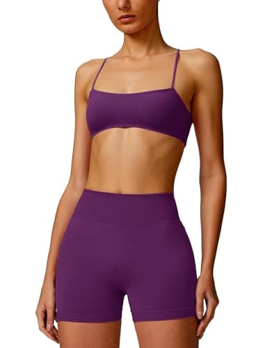 Image of AGYMNX 2 Piece Workout Sets for Women Strappy Sports Bra and High Waisted Seamless Butt Lifting Shorts Gym Yoga Outfit, Purple, Medium
