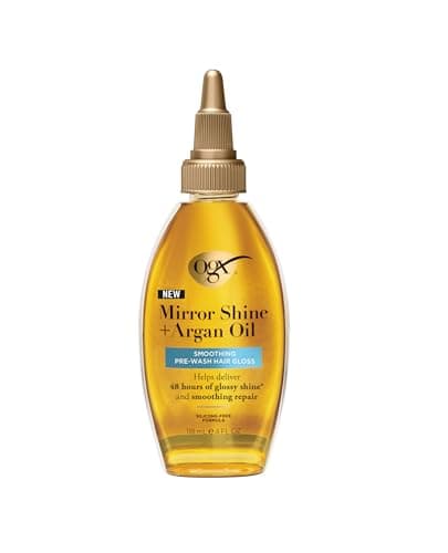 Image of OGX Mirror Shine + Argan Oil Pre-Wash Hair Gloss, Rinse Out Treatment, Glossy Shine, Smoothing Repair, Lightweight, Silicone Free, Mends Split Ends, 118ml