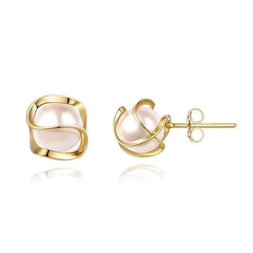Image of EVER FAITH Pearl Stud Earrings for Women, 14K Gold Plated Caged Simulated Pearls Small Studs Hypoallergenic Light Weight Gold Pearl Earring Jewellery Gifts