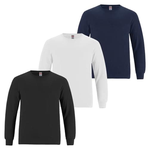 Image of 3 Pack Boys Kids Long Sleeve T-Shirt Top Cuffed Crew Neck Plain Jersey Tee Top Adults Casual Wear (White-Black-Navy, 14-15Y)
