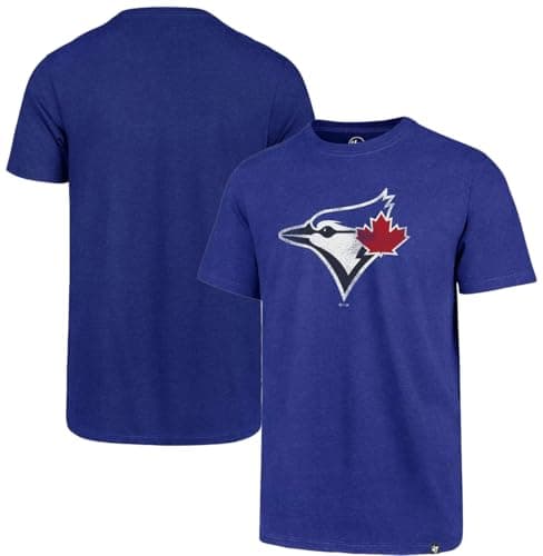 Image of 47 Brand MLB Men's Team Color Distressed Imprint Primary Logo Short Sleeve Baseball T-Shirt, Toronto Blue Jays Blue, Large