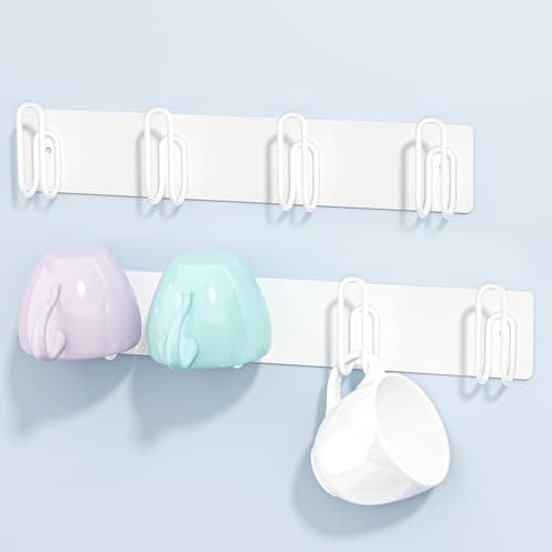 Image of XILIMEN Mug Holder Wall Mounted, 2 Pack Coffee Cup Hooks, Metal Mug Rack for Kitchen, Modern Unique Cabinets Cups, Cup Holder Hanging Wall Hanger for Kitchen, Dining Room Coffee Bar (White)