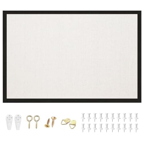 Image of OWLKELA 60 x 40cm Linen Bulletin Board, Black Framed Corkboard for Wall, Black Oak Frame Linen Cork Board, Hanging Pin Board with 20 pushpins, Vision Board for Office, School, and Home
