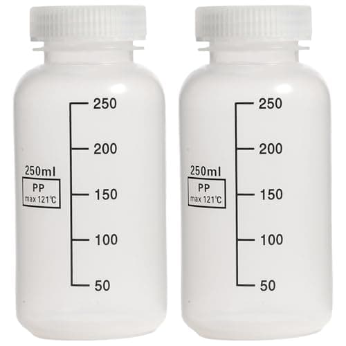 Image of Rswnyirn 2Pcs Wide Mouth Plastic Bottles, Graduated Food Grade Containers Jars for Water Sample Lab Reagent Liquid Transparent A 250ML