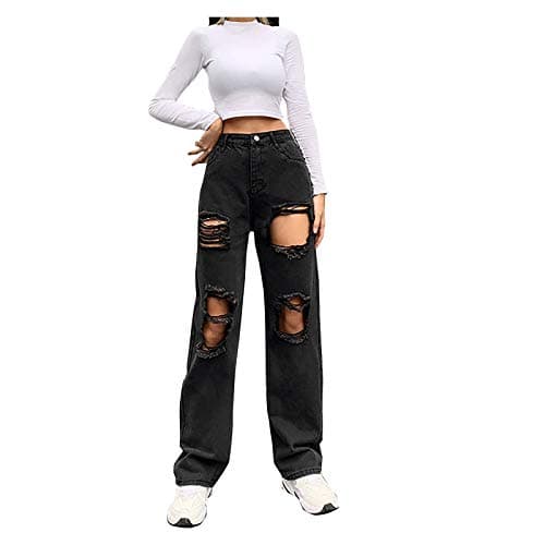 Image of DASHadao Black High Waisted Baggy Ripped Jeans for Teen Girls & Women, Straight Leg Fashion Distressed Boyfriend Denim Pants, Black Flare Pants, Womens Mom Jeans