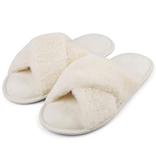 Image of riemot Slippers Women Fluffy Slipper Memory Foam Cross Band Furry Open Toe Ladies Sliders Soft Fur Warm Slip Plush Home Anti-Slide House Shoes for Girls Indoor Outdoor, White, UK 7-8