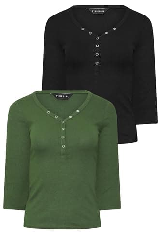 Image of PixieGirl Petite 2 Pack Black & Khaki Green Button Henley Tops Petite