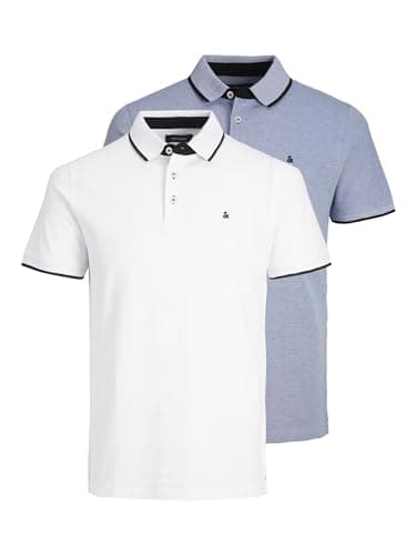 Image of JACK & JONES Mens Jjepaulos 2pk Mp Polo Shirt, Blue - White, M UK