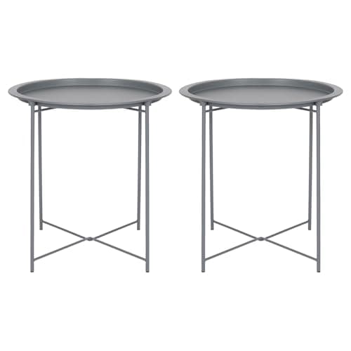 Image of Harbour Housewares Round Tray Tables with Removable Trays - Pack of 2 - Matte Grey Steel Bed Side Table Raised Lip Serving Board Compact Collapsible Folding Table for Bedroom, Home and Office