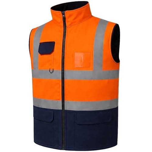 Image of GM WORKWEAR Hi-Vis Reversible Waterproof Fleece Bodywarmer Gilet Waistcoat – High Visibility Safety Vest – Orange/Navy, Yellow/Navy, Orange/Yellow – S to 4XL